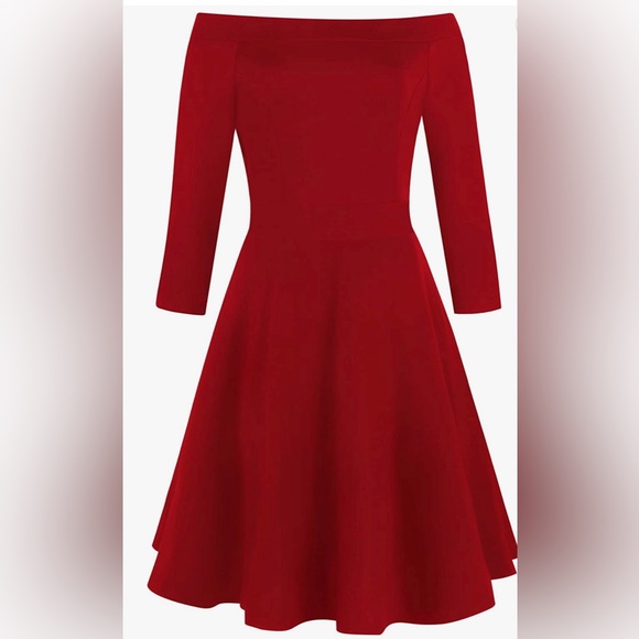 SOLD SOLD Vintage Off Shoulder Pockets Red A-Line Party Cocktail Swing Dress X - Picture 2 of 4